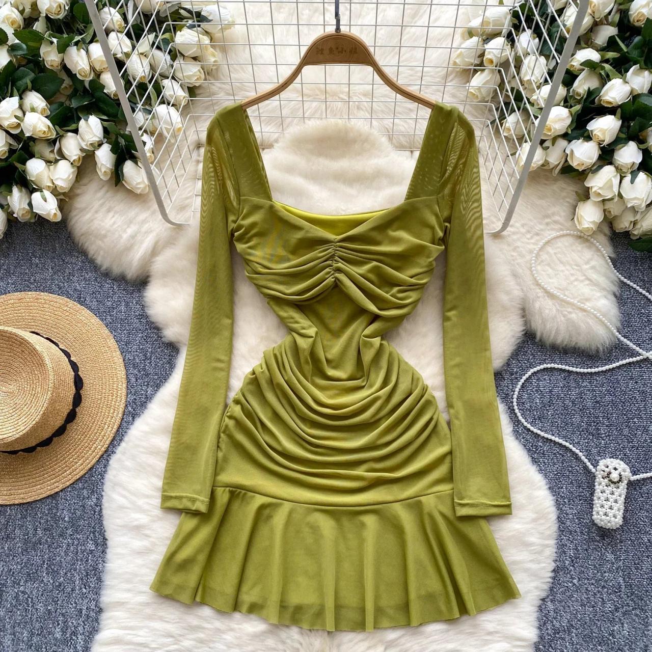 ruched green mini dress Apple Green Chiffon Ruched Bandeau Drape Mini Dress