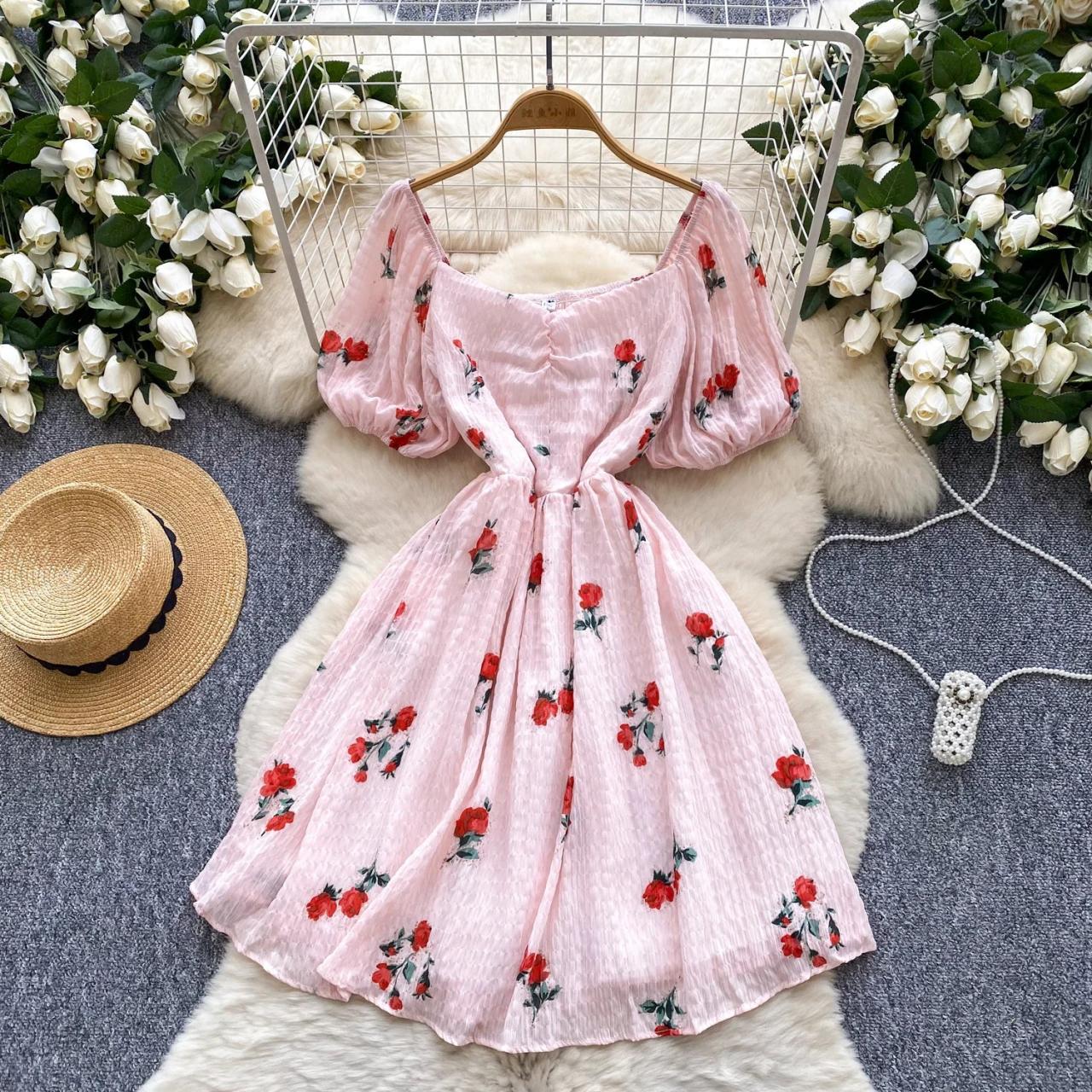 Pink Floral Puff Sleeve Summer Dress
