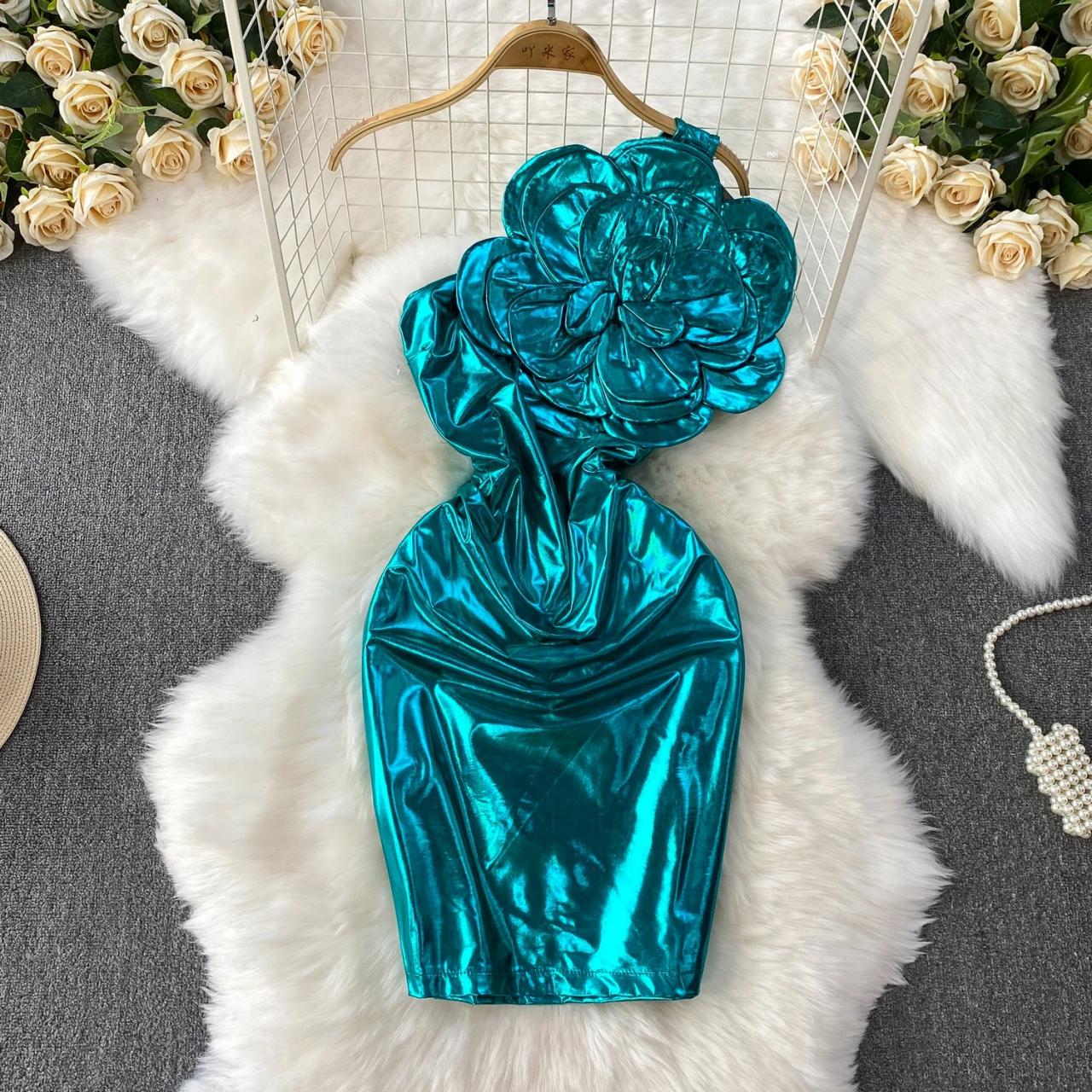 Metallic Teal Dress with Bold Floral Design