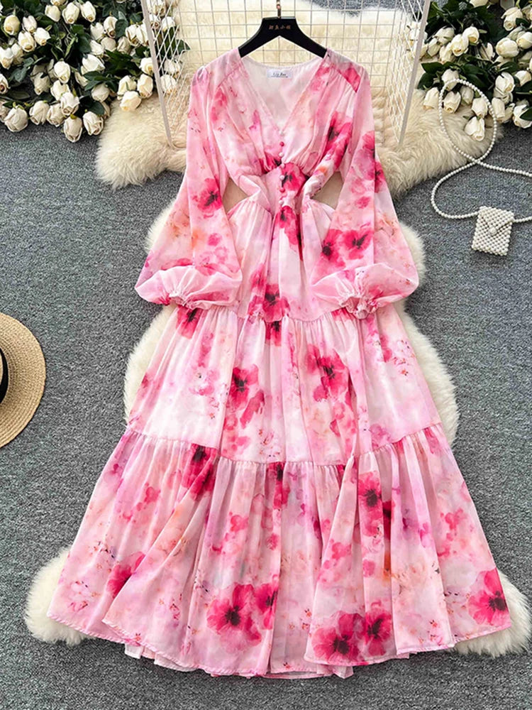 pink floral maxi dress with sleeves Helena Long Sleeve Floral Maxi Dress