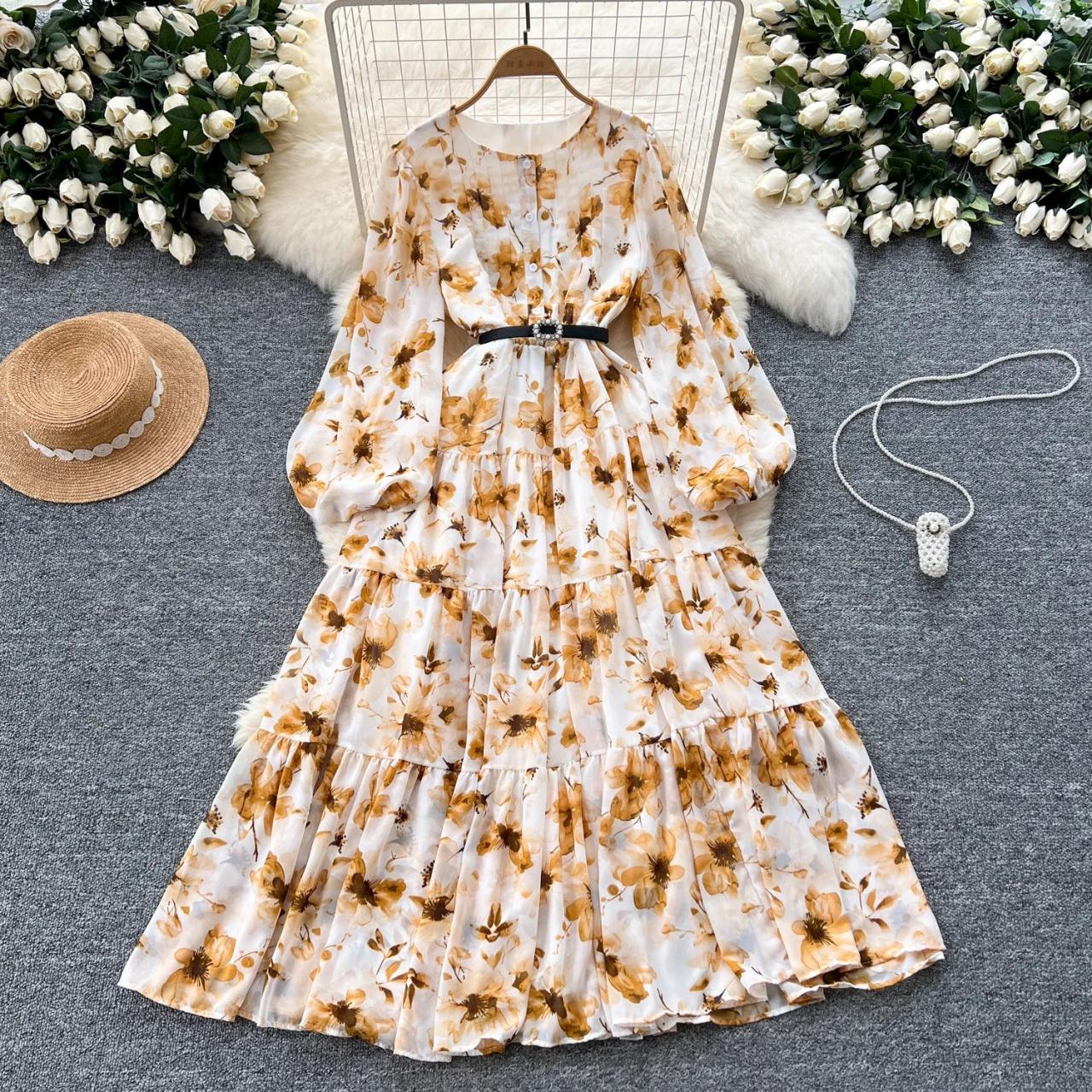 Floral Long-sleeve White Maxi Dress With Belt