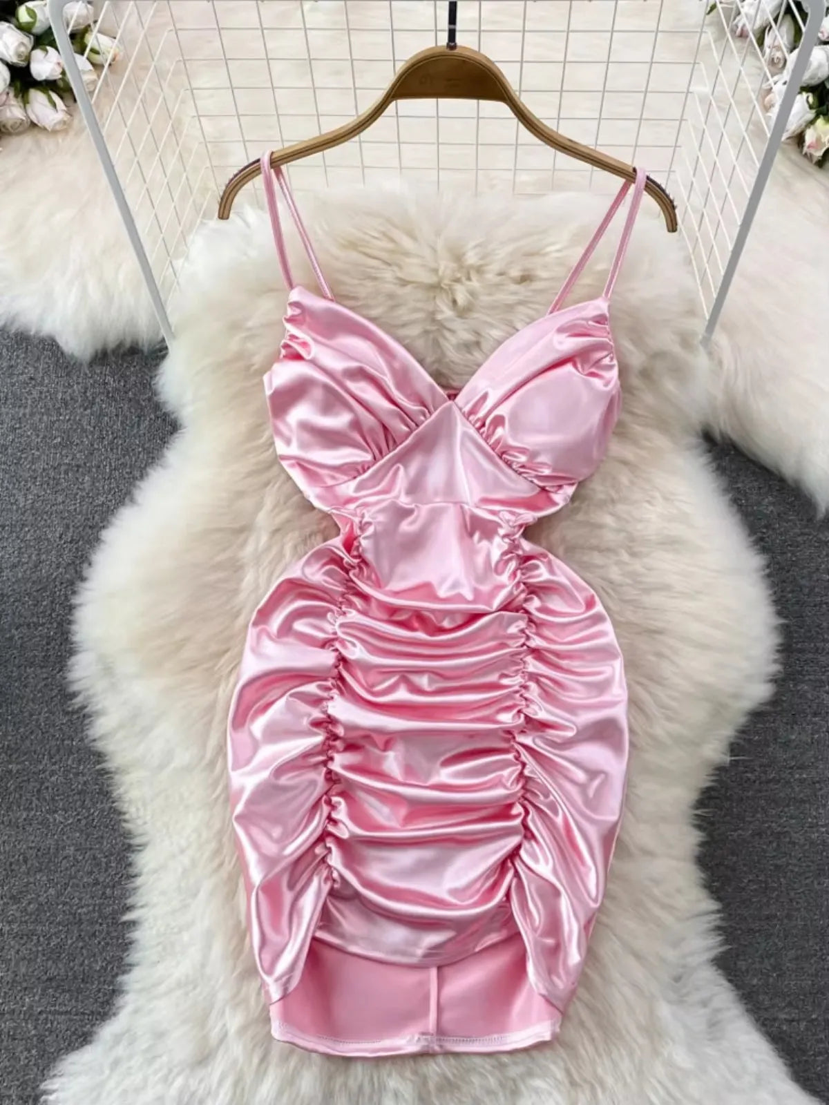 pink satin ruched mini dress Mgiacy Elegant Pink Satin Strapless Ruched Floral Lace Up Ruffle Hem Mini  Dress For Women Summer Party, Prom, Beach & Festival