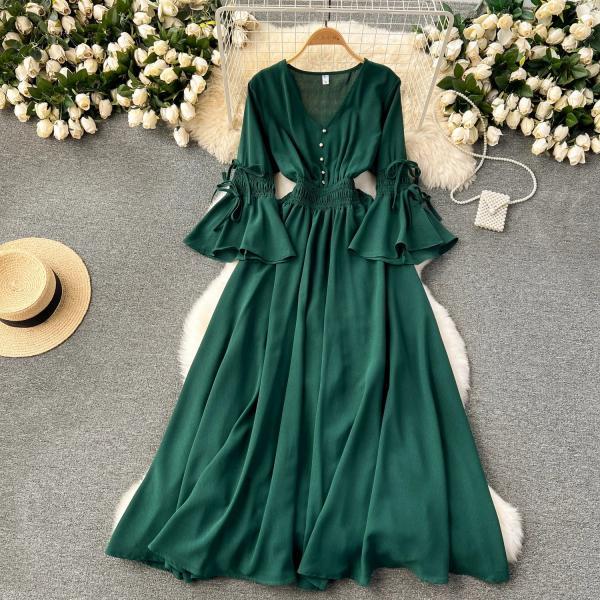 green bell sleeve dress Sage  Grey Suede Lace & Beads deep v-neck